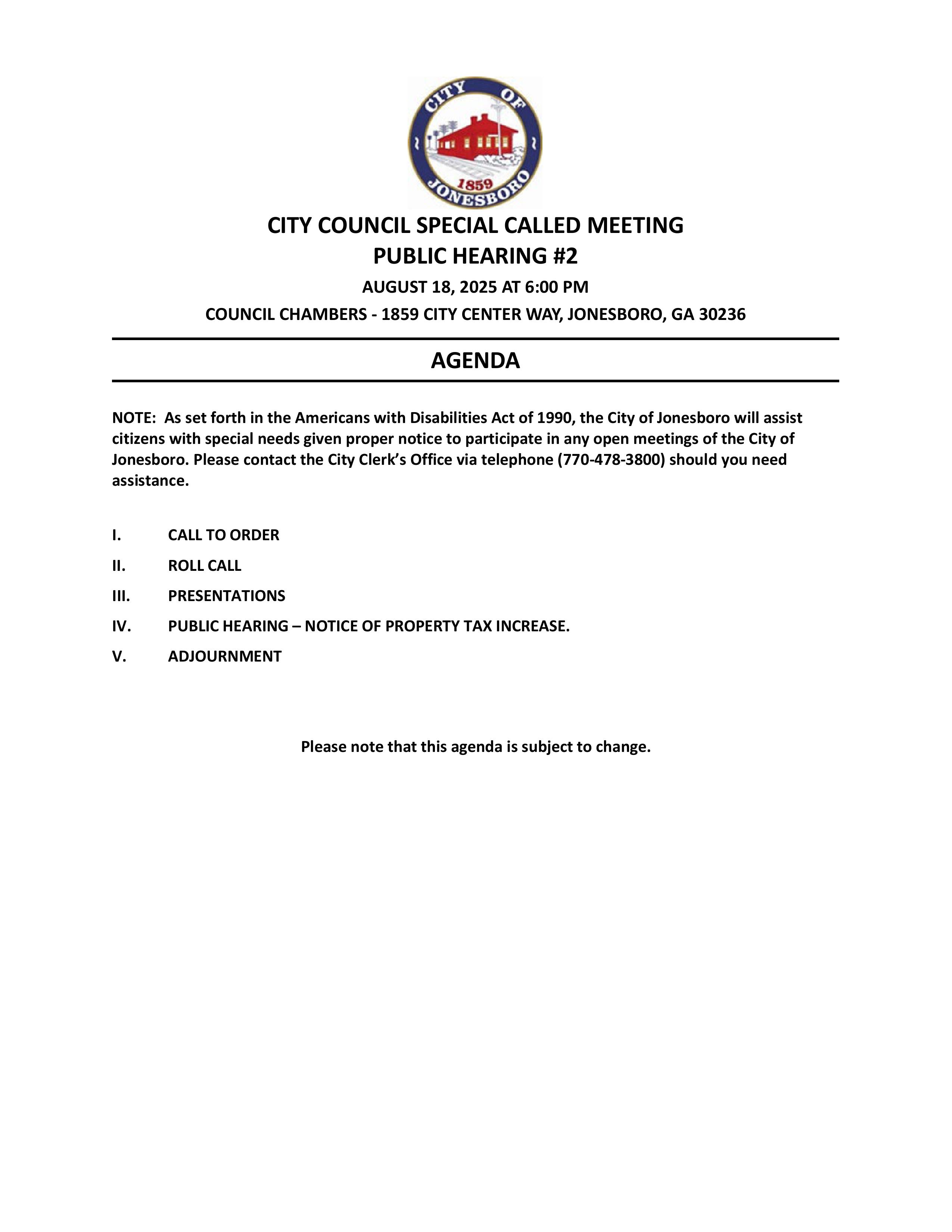 PUBLIC NOTICE - SPECIAL CALLED MEETING PUBLIC HEARING #2
